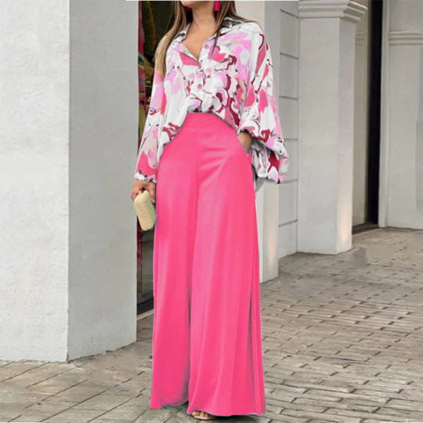 Print Long Sleeve Shirt Loose Two Piece Pants Set GCNE-8608