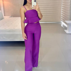 Suspender Ruffle High Waisted Straight Pants Set GCNE-3057