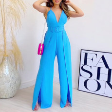 Solid Color V Neck Sling Loose Jumpsuit(Without Belt) GCNE-3079