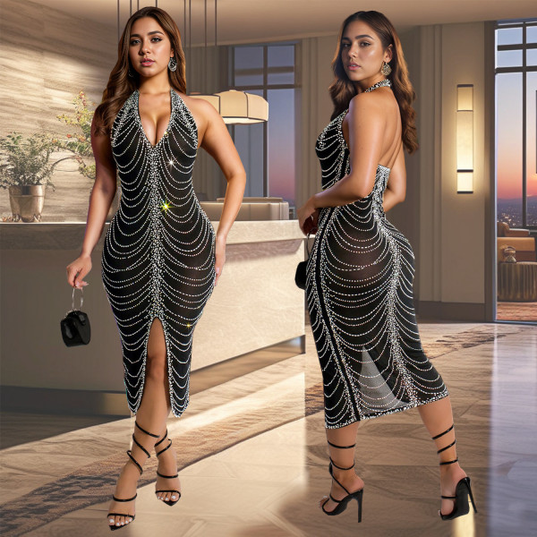 Sexy V Neck Hot Drill Midi Dress BY-7095