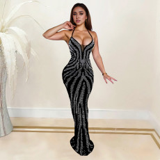 Sexy Sling Hot Drill Backless Maxi Dress BY-7099