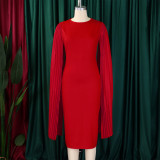 Plus Size Solid Round Neck Pleated Shawl Evening Dress GMLF-3303