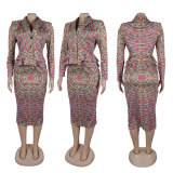 Long Sleeve Print Blazer Two Piece Skirt Set NY-10907