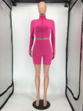 Solid Color Long Sleeve Skinny Two Piece Shorts Set SMD-2503