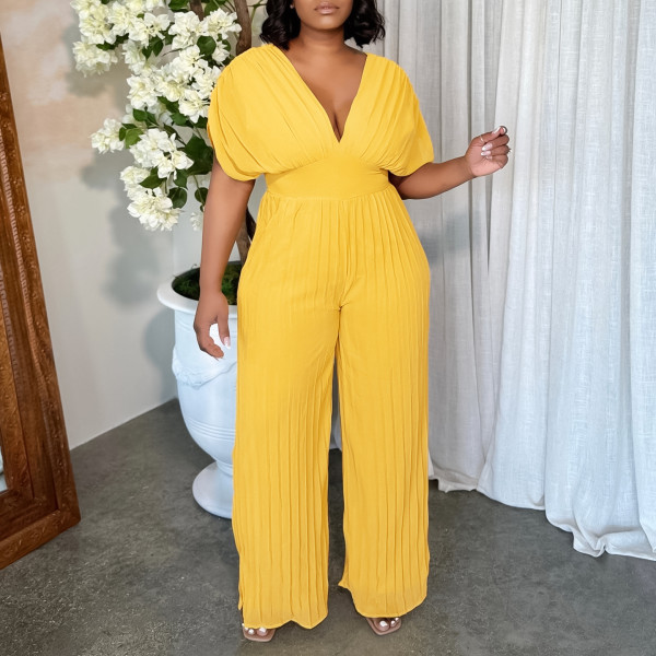 Sexy V Neck Solid Color Loose Jumpsuit GMLF-3302
