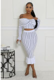 Stripe Print Off Shoulder Two Piece Skirt Set XHXF-8711