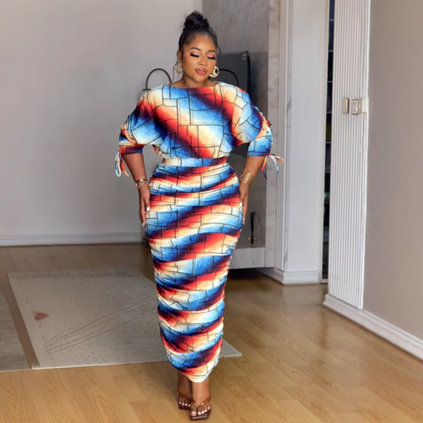 Printed Drawstring Shoulder Long Sleeve Skirt Two Piece Set NY-10910