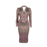 Long Sleeve Print Blazer Two Piece Skirt Set NY-10907