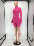 Solid Color Long Sleeve Skinny Two Piece Shorts Set SMD-2503