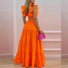 Plus Size Solid Color Tops Big Swing Skirt Two Piece Set GRST-8114