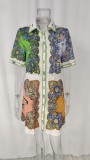 Plus Size Print Lapel Single-breasted Midi Dress GRST-24545