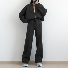 Solid Long Sleeve Zipper Loose Two Piece Pant Set GRST-28695