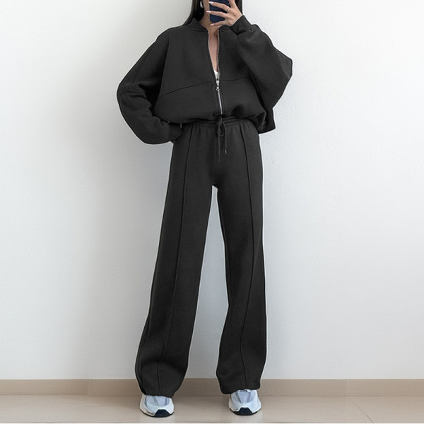 Solid Long Sleeve Zipper Loose Two Piece Pant Set GRST-28695
