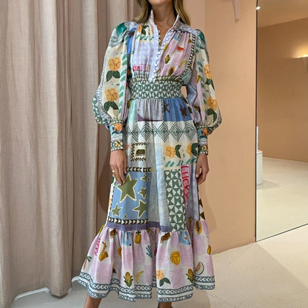 Plus Size Painted Printed Fashion Long Sleeve Midi Dress GRST-24540