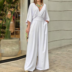 Plus Size Solid Color V Neck Loose Jumpsuit GRST-22145