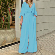 Plus Size Solid Color V Neck Loose Jumpsuit GRST-22145