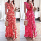 Plus Size Wrap Chest Print V Neck Split Maxi Dress GRST-24317