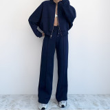 Solid Long Sleeve Zipper Loose Two Piece Pant Set GRST-28695