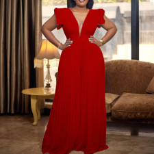 Plus Size Mesh Patchwork Solid Color Wide Leg Jumpsuit GCZF-196