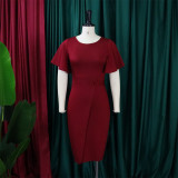 Plus Size Ruffles Sleeve Solid Color Bodycon Dress GCZF-D072M