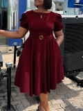 Plus Size Short Sleeve Bubble Sleeve Midi Dress GCZF-8601