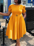 Plus Size Short Sleeve Bubble Sleeve Midi Dress GCZF-8601