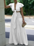 Plus Size Short Sleeve Tie Two Piece Pants Set GCZF-8586