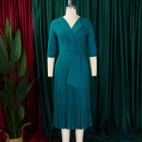 Plus Size Suit Collar 3/4 Sleeve Pleated Dress GCZF-8599