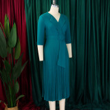 Plus Size Suit Collar 3/4 Sleeve Pleated Dress GCZF-8599