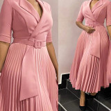 Plus Size Suit Collar 3/4 Sleeve Pleated Dress GCZF-8599
