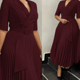 Plus Size Suit Collar 3/4 Sleeve Pleated Dress GCZF-8599