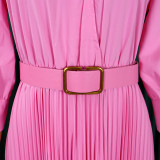 Plus Size Solid Color V Neck Pleated Belt Maxi Dress GCZF-8590