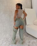 Washed Hollow Out Staight Jeans LX-5538