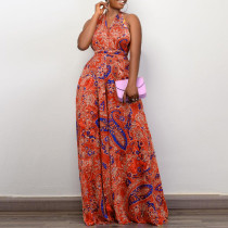Plus Size Print Halter Backless Jumpsuit  GCZF-8487