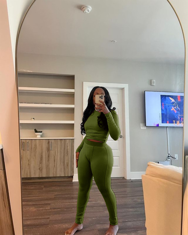 Solid Color Long Sleeve Yoga Two Piece Pants Suit MEM-88606
