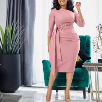 Plus Size Pleated 3/4 Sleeve Solid Midi Dress GCZF-8516