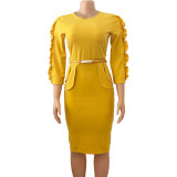 Plus Size Solid Color Long Sleeve Midi Dress GCZF-D092