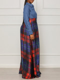 Plus Size Denim Patchwork Plaid Maxi Dress GCZF-D452-C1