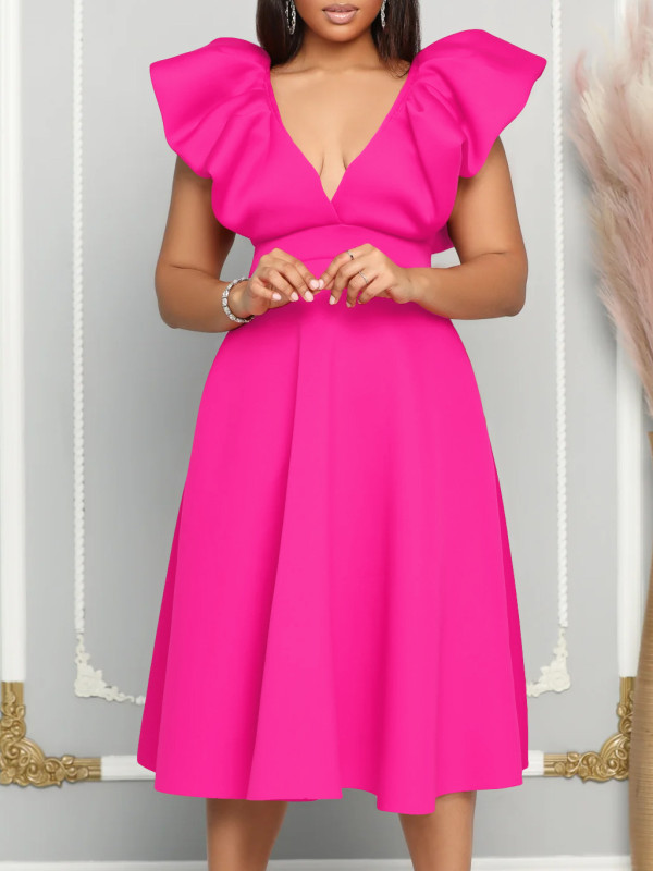 Plus Size Deep V Neck Solid Midi Dress GCZF-8544