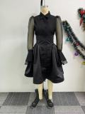 Plus Size Mesh Patchwork Shirt Two Piece Skirts Set NY-10918