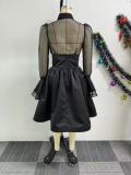 Plus Size Mesh Patchwork Shirt Two Piece Skirts Set NY-10918