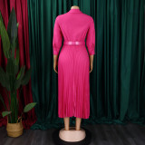 Plus Size Solid Color V Neck Pleated Belt Maxi Dress GCZF-8590