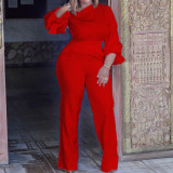 Plus Size Long Sleeve Solid Slash Shoulder Jumpsuit GCZF-8425