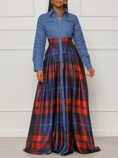 Plus Size Denim Patchwork Plaid Maxi Dress GCZF-D452-C1