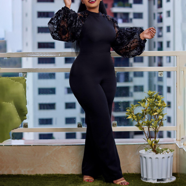 Plus Size Mesh Bubble Sleeve Wide Leg Jumpsuit GCZF-C1-D250