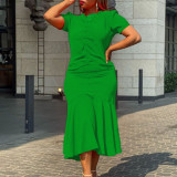 Plus Size Solid Color V Neck Short Sleeve Midi Dress GCZF-8507