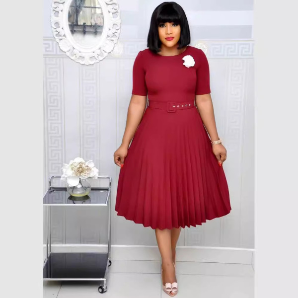 Plus Size Solid Color Pleated Midi Dress GCZF-D049