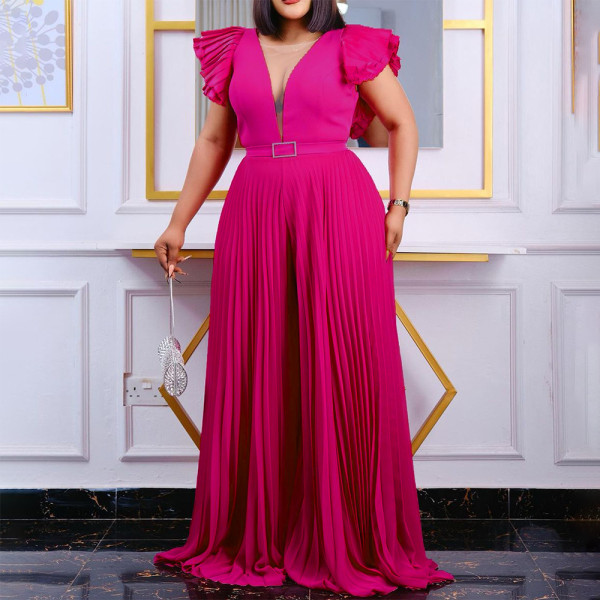 Plus Size Solid Color Press Pleated Loose Jumpsuit GCZF-8491