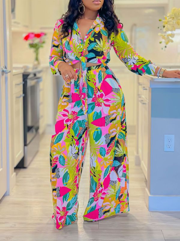 Plus Size Lapel Print Shirt Wide Leg Pants Suit GCZF-8597