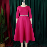 Plus Size Solid Color Half Sleeve Midi Dress(With Belt) GCZF-8600
